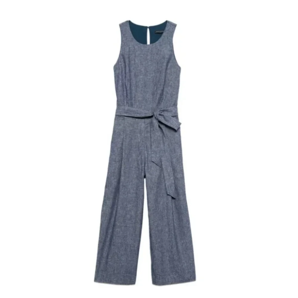 Banana Republic Chambray Blue Linen Blend Tie Waist Jumpsuit